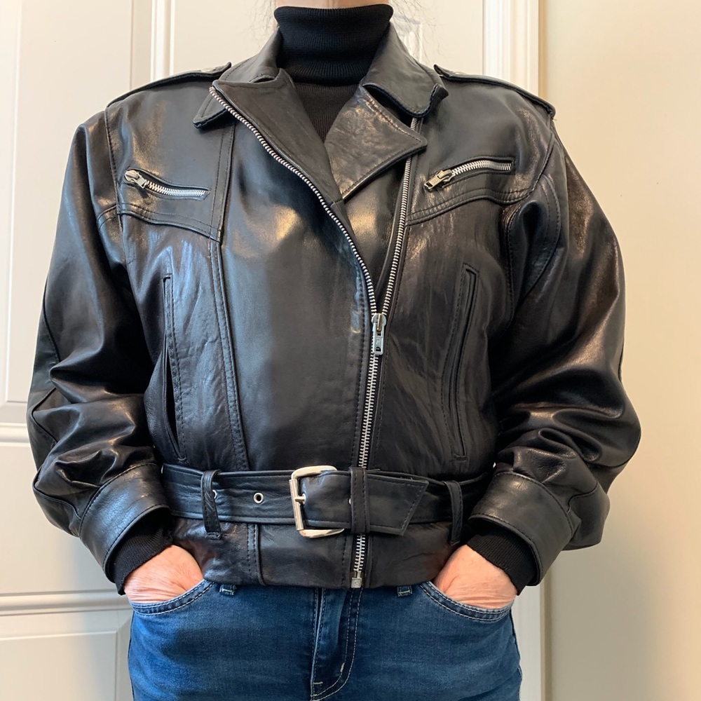 French Genuine Leather Moto Jacket Black Size S